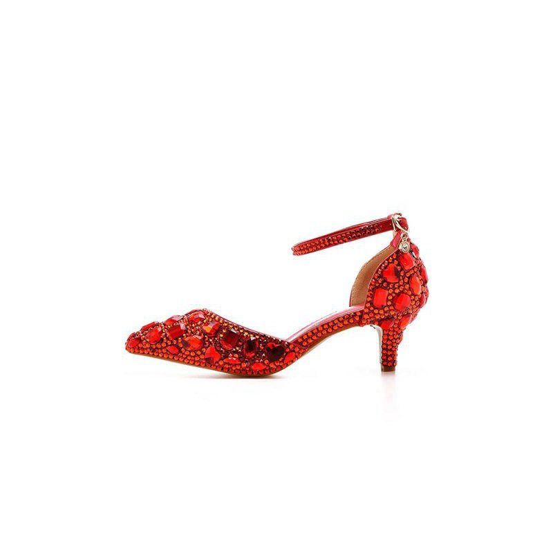 Pointed Toe Crystal Diamond Ankle Strap Kitten Heels