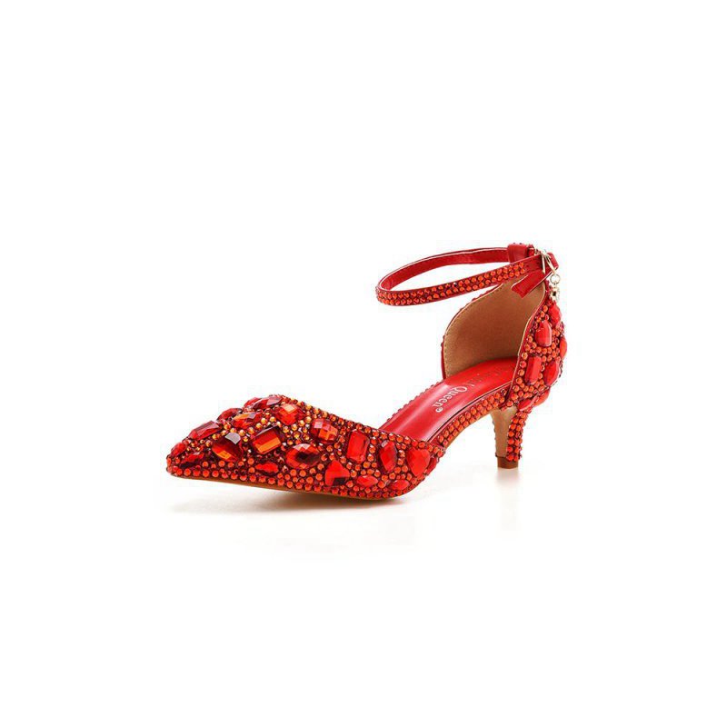 Pointed Toe Crystal Diamond Ankle Strap Kitten Heels