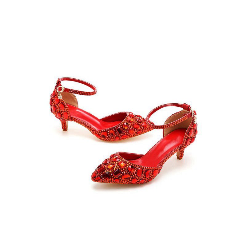 Pointed Toe Crystal Diamond Ankle Strap Kitten Heels