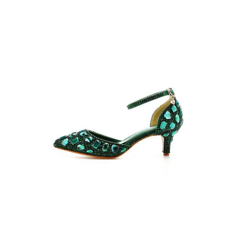 Pointed Toe Crystal Diamond Ankle Strap Kitten Heels