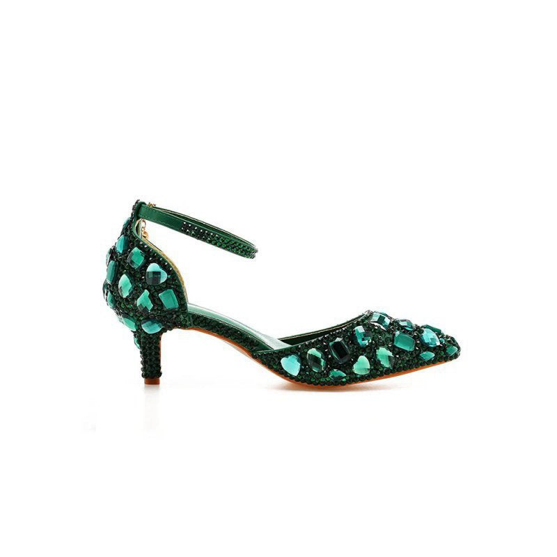 Pointed Toe Crystal Diamond Ankle Strap Kitten Heels