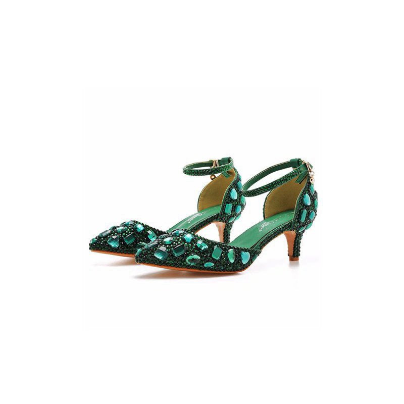 Pointed Toe Crystal Diamond Ankle Strap Kitten Heels