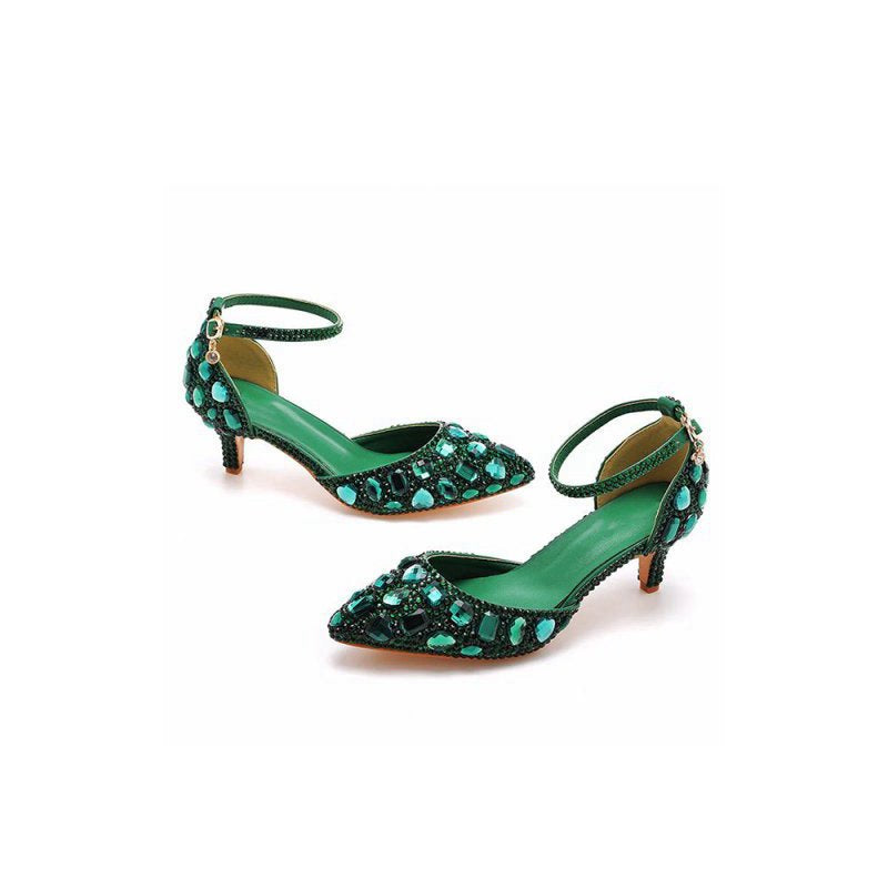 Pointed Toe Crystal Diamond Ankle Strap Kitten Heels
