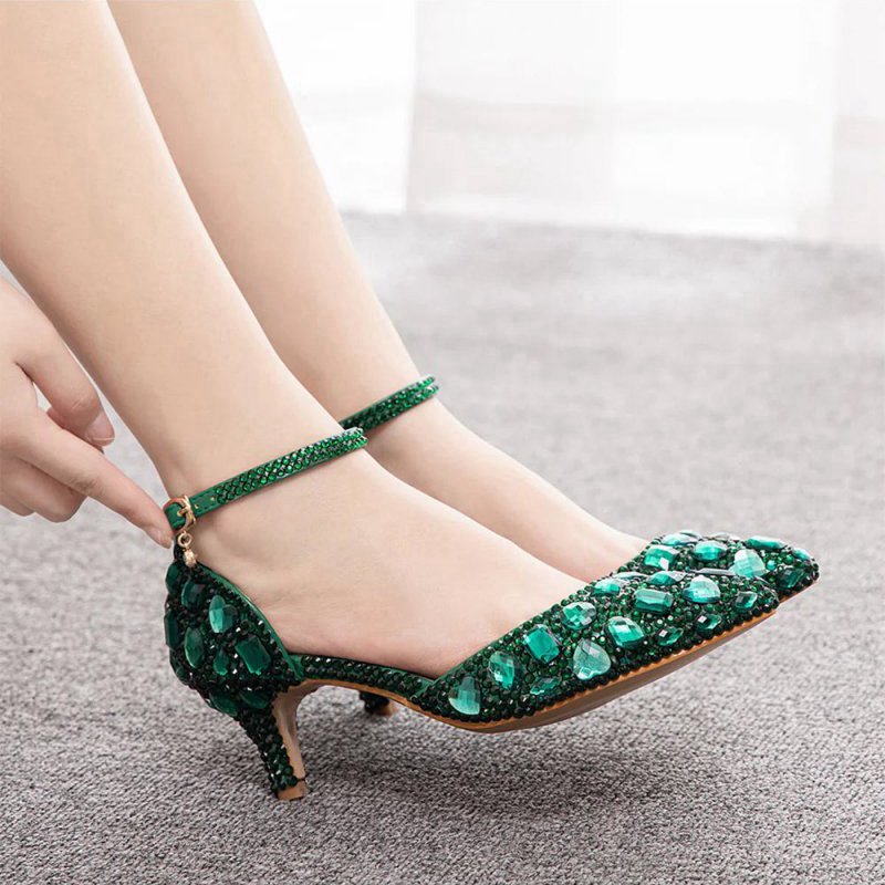 Pointed Toe Crystal Diamond Ankle Strap Kitten Heels