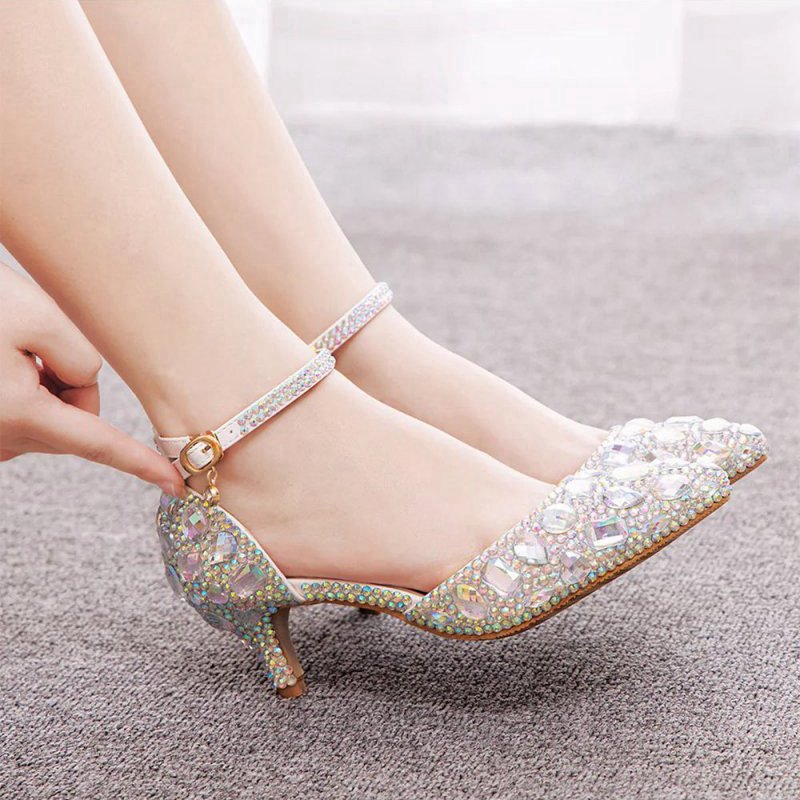 Pointed Toe Crystal Diamond Ankle Strap Kitten Heels