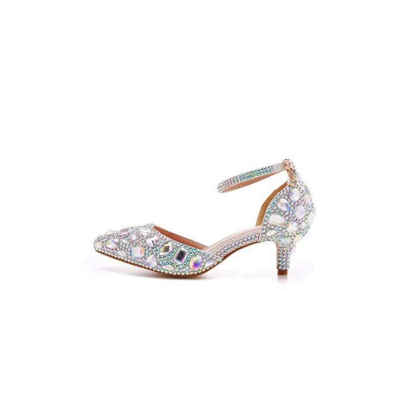 Pointed Toe Crystal Diamond Ankle Strap Kitten Heels