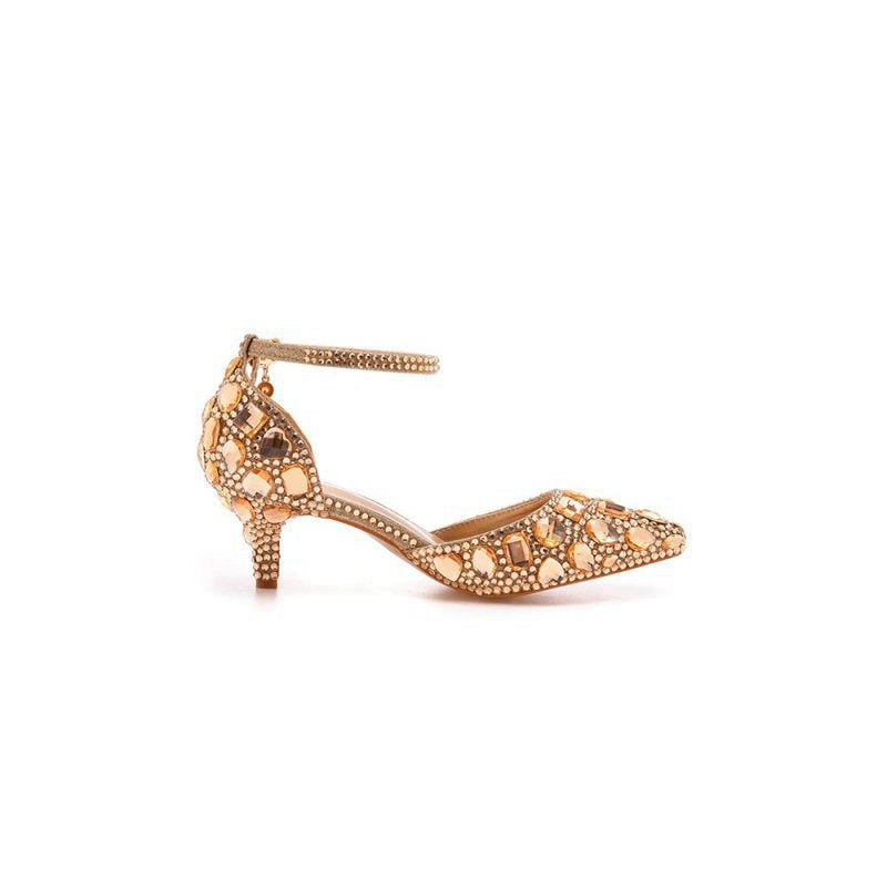 Pointed Toe Crystal Diamond Ankle Strap Kitten Heels