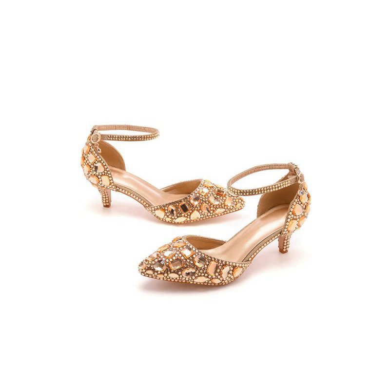 Pointed Toe Crystal Diamond Ankle Strap Kitten Heels