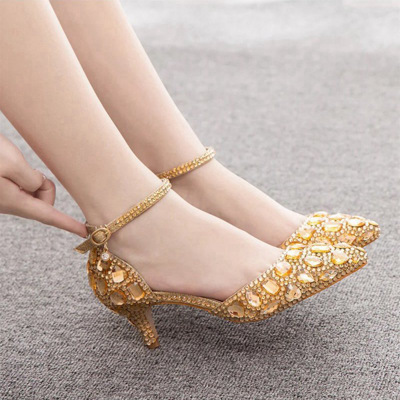 Pointed Toe Crystal Diamond Ankle Strap Kitten Heels