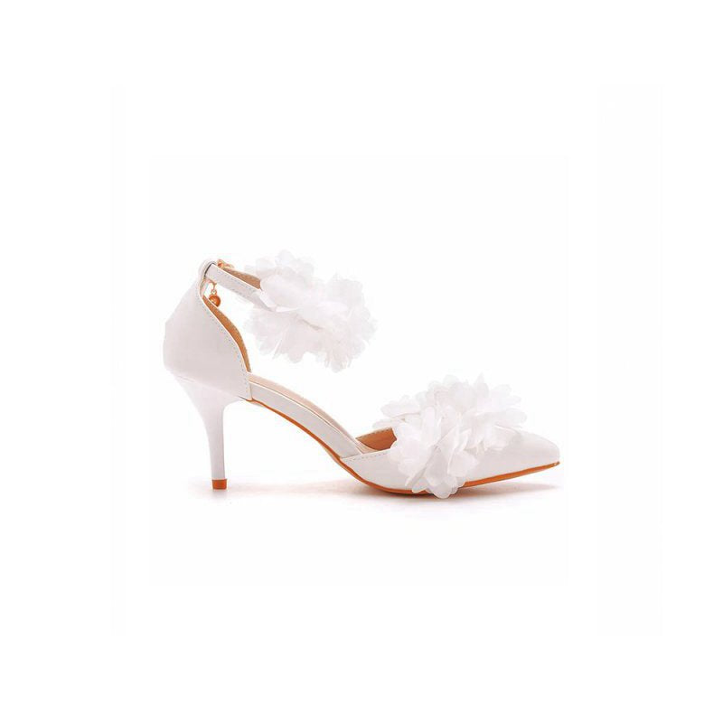 Flowers Pointed Toe Ankle Strap High Heels