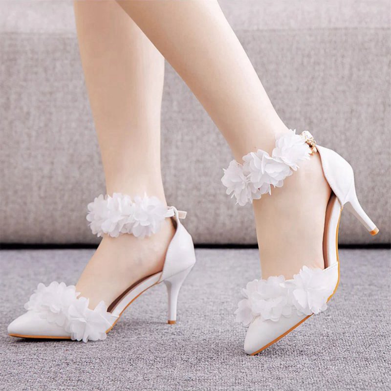 Flowers Pointed Toe Ankle Strap High Heels