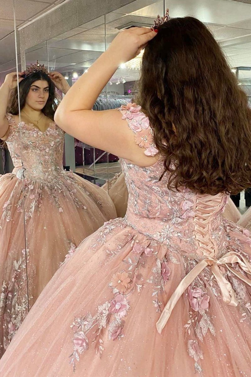Quinceanera Dresses Glitter 3D Floral Lace Off-the-Shoulder