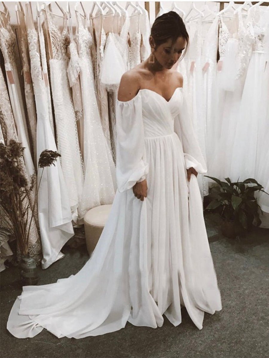 Off the Shoulder Chiffon Beach Long-Sleeve Wedding Dresses