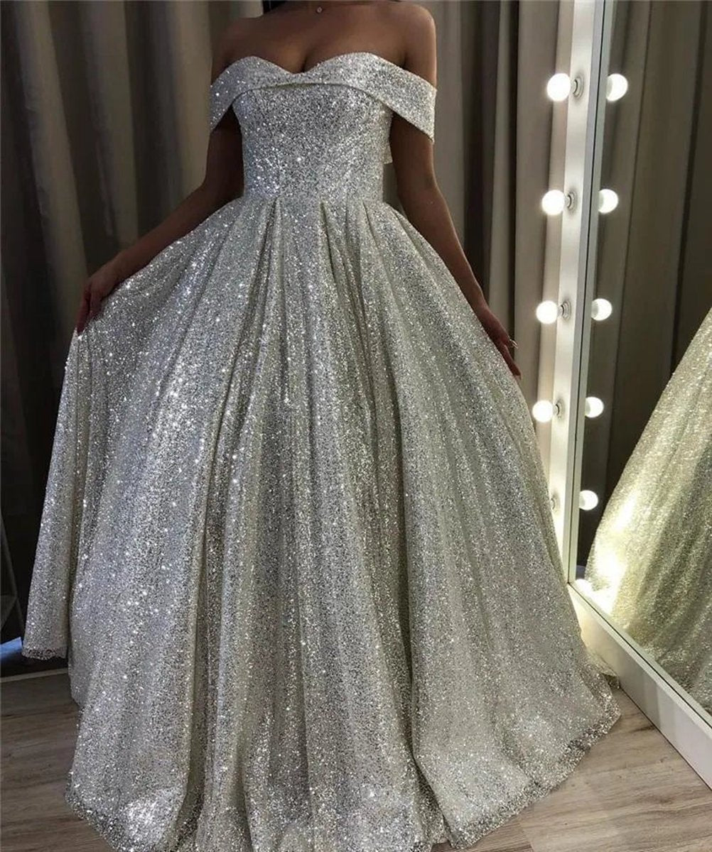 Shiny Sequin A-line Wedding Dresses Off the Shoulder