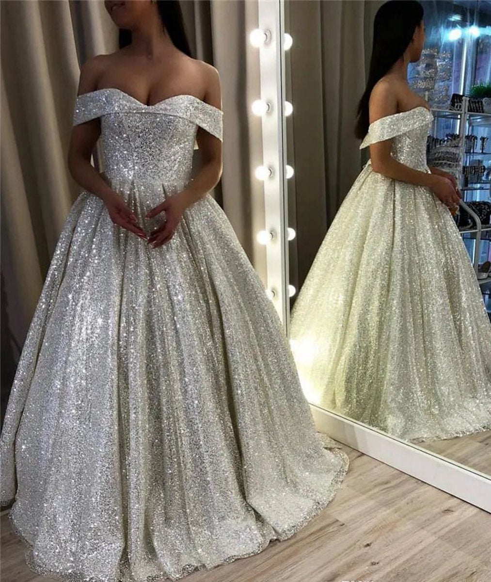 Shiny Sequin A-line Wedding Dresses Off the Shoulder