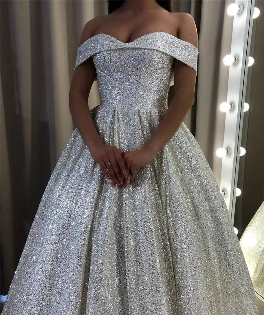 Shiny Sequin A-line Wedding Dresses Off the Shoulder
