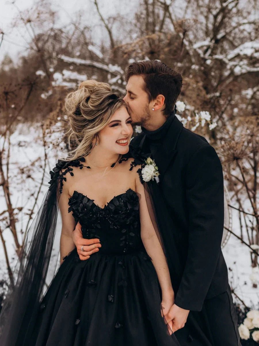 A-line Gothic Wedding Dresses 3D Flowers Tulle with Cape