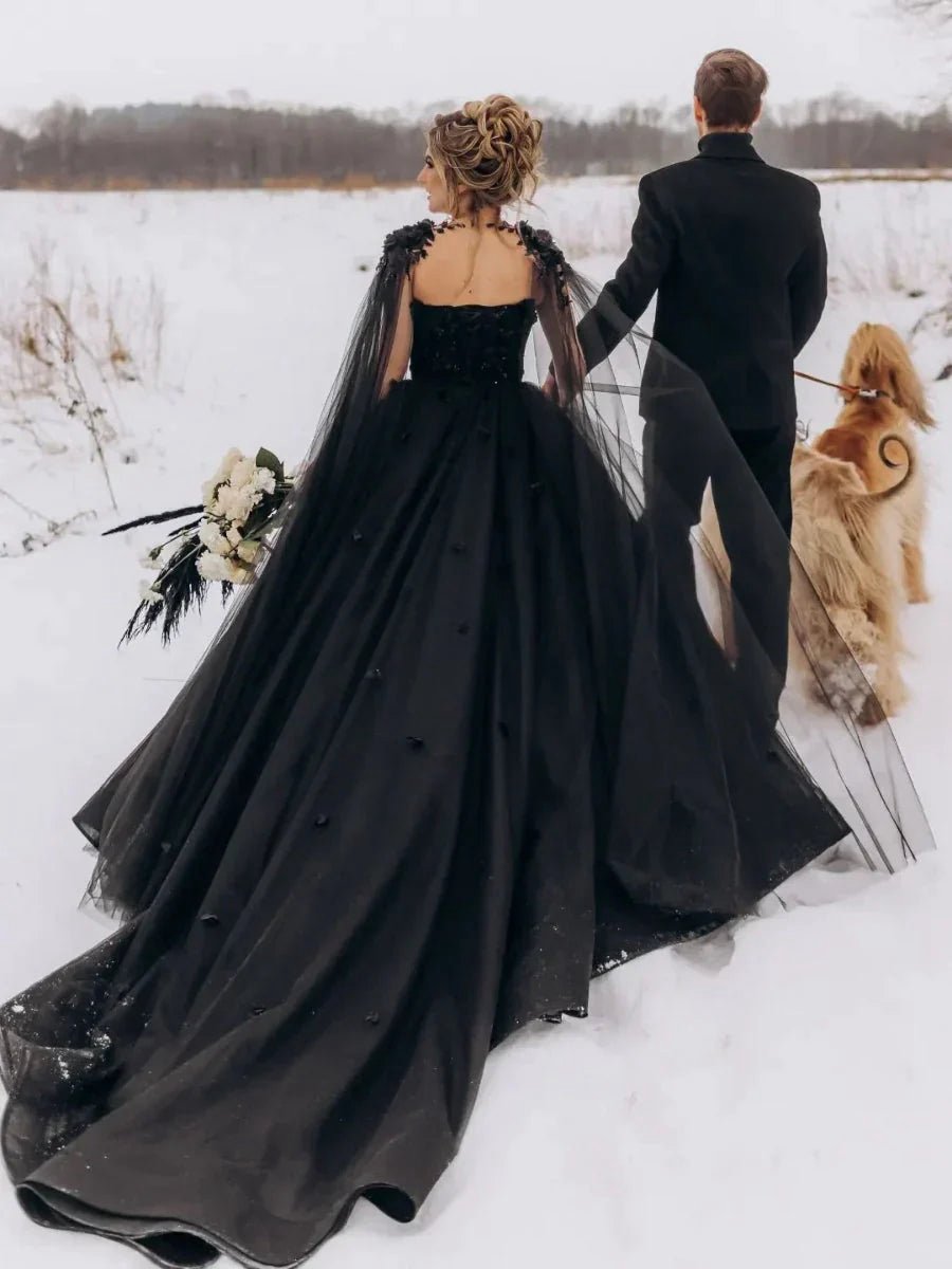 A-line Gothic Wedding Dresses 3D Flowers Tulle with Cape