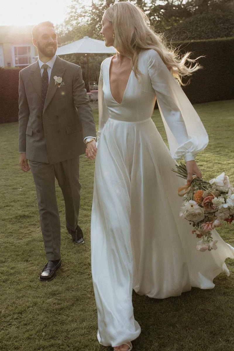 A-line Long Sleeves Satin Wedding Dresses with V Neck