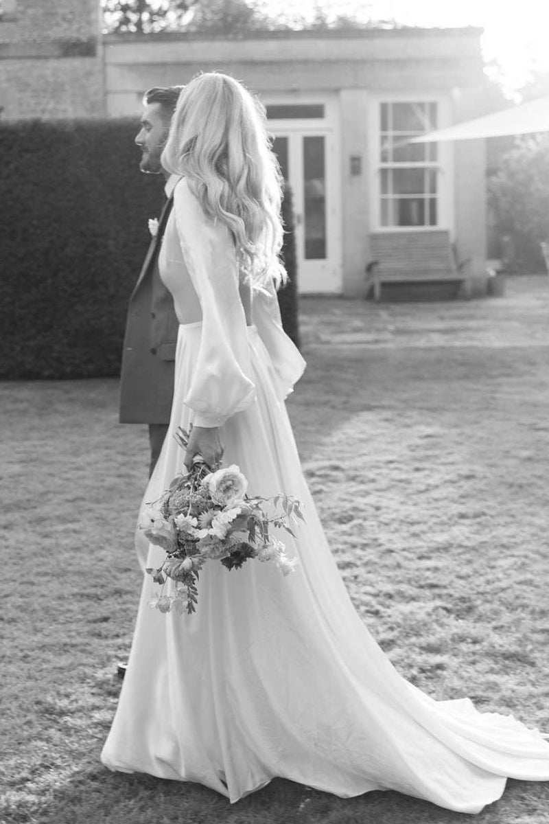 A-line Long Sleeves Satin Wedding Dresses with V Neck