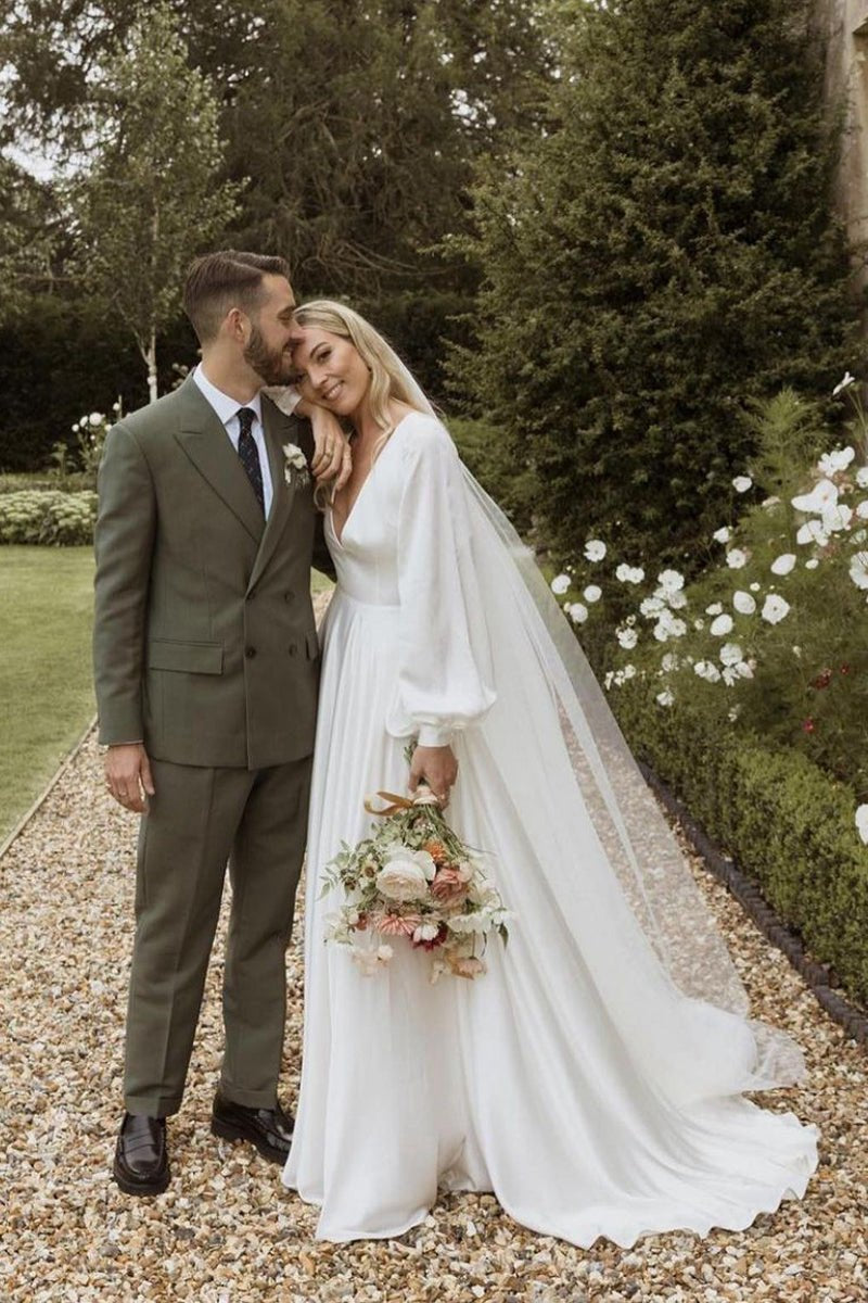 A-line Long Sleeves Satin Wedding Dresses with V Neck