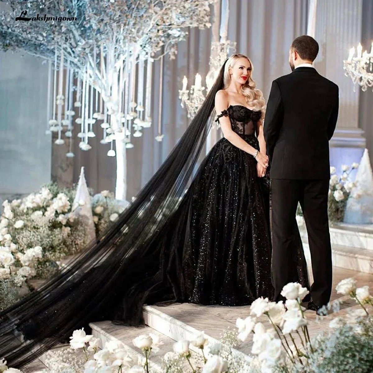 A-line Gothic Wedding Dresses with Sequin Lace Appliques