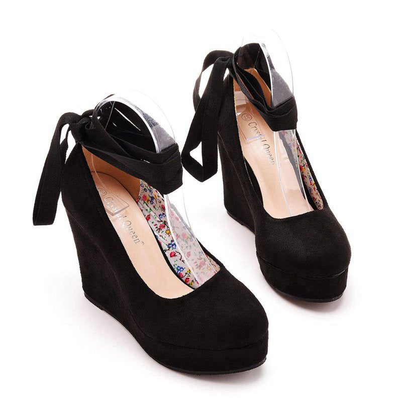 Sweet Round Toe Platform Heels Ankle Strap Wedges Heels