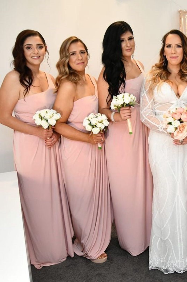 One Shoulder Faux-Wrap Satin Long Bridesmaid Dresses