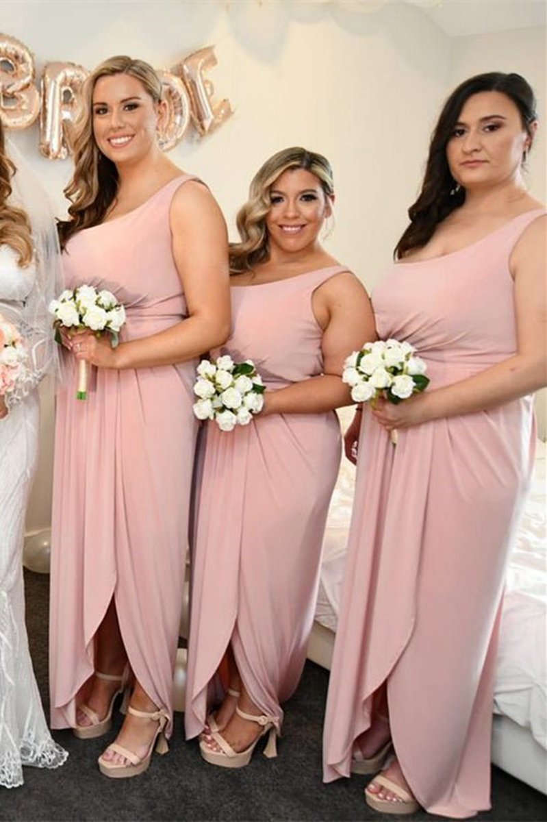 One Shoulder Faux-Wrap Satin Long Bridesmaid Dresses