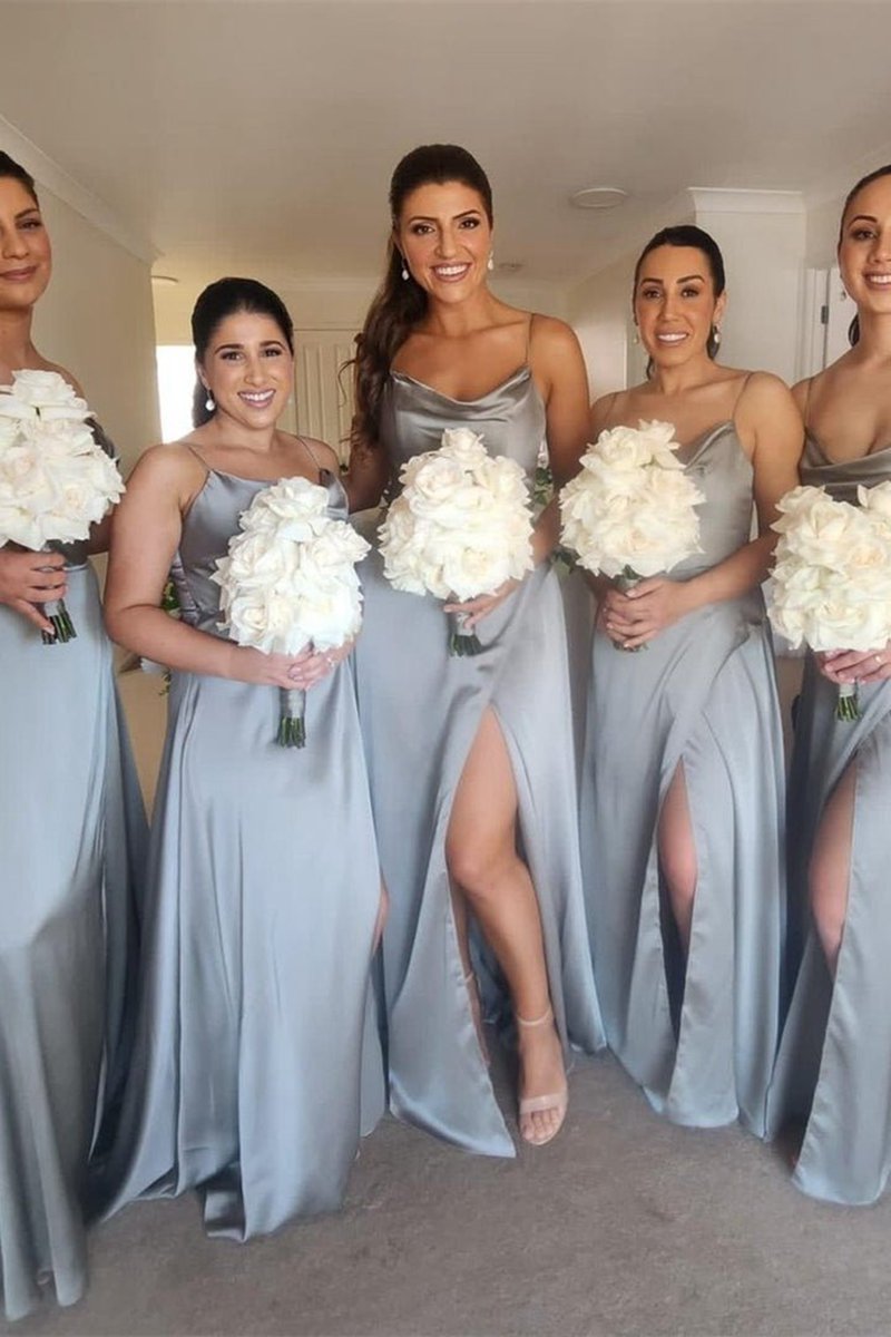 Dusty Straps Cowl Neck Satin Long Bridesmaid Dresses with Slit