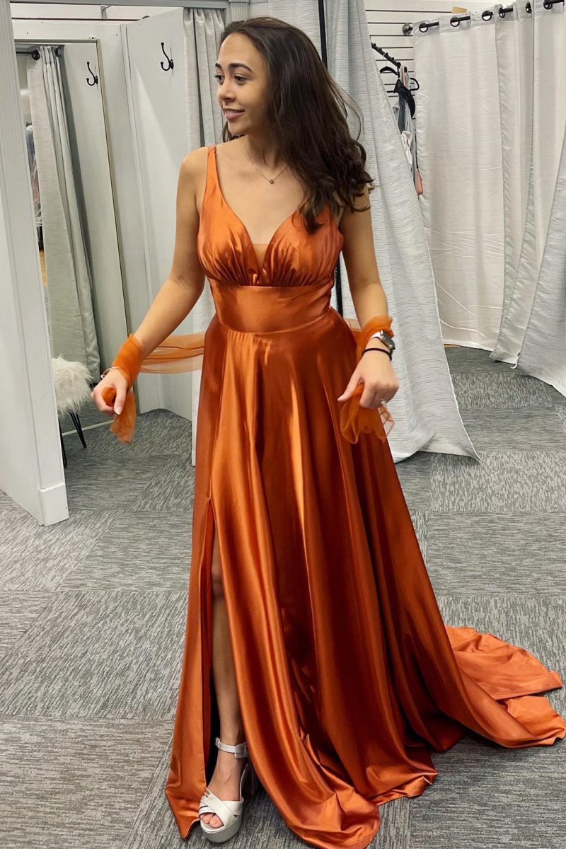 Rust Deep V Neck Pleated Satin Straps Long Bridesmaid Dresses with Slit
