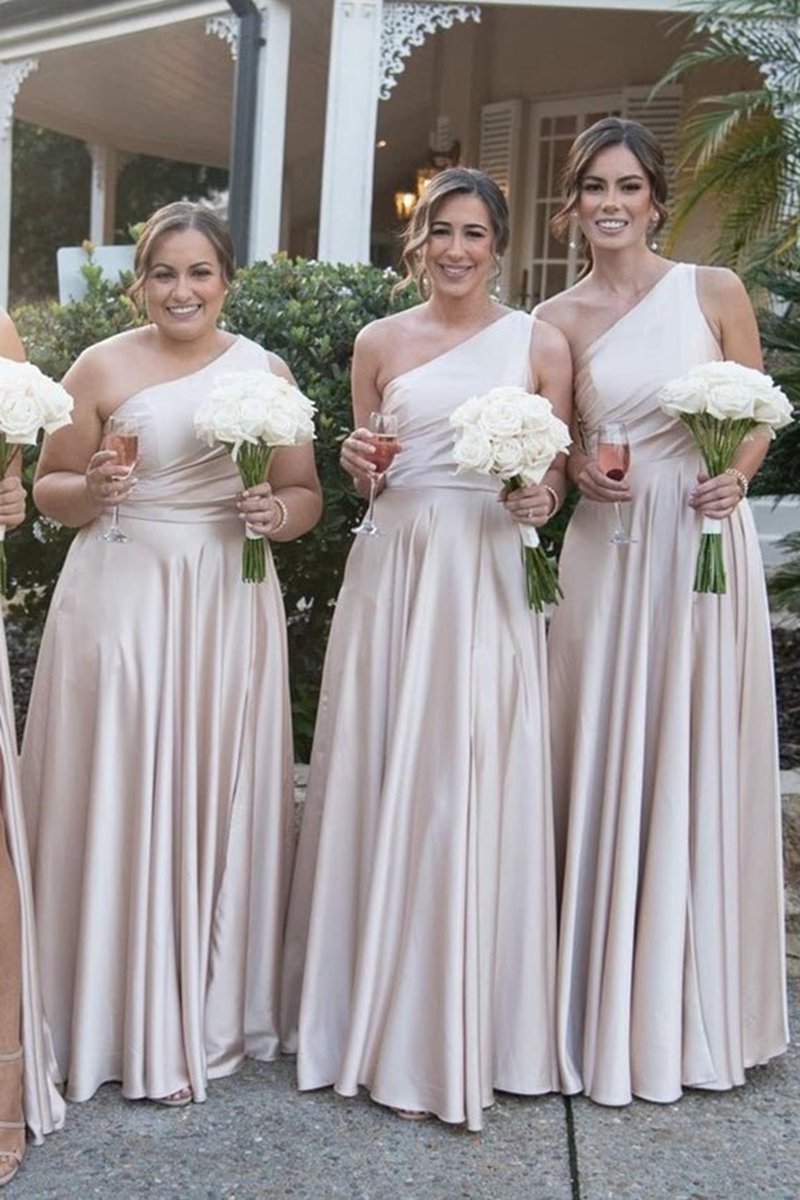 One Shoulder A-line Satin Long Bridesmaid Dresses with Slit