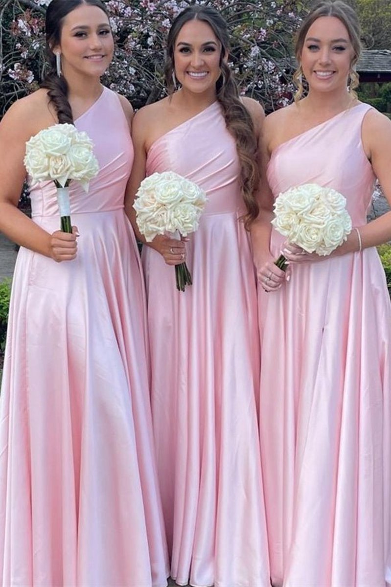 One Shoulder A-line Satin Long Bridesmaid Dresses with Slit