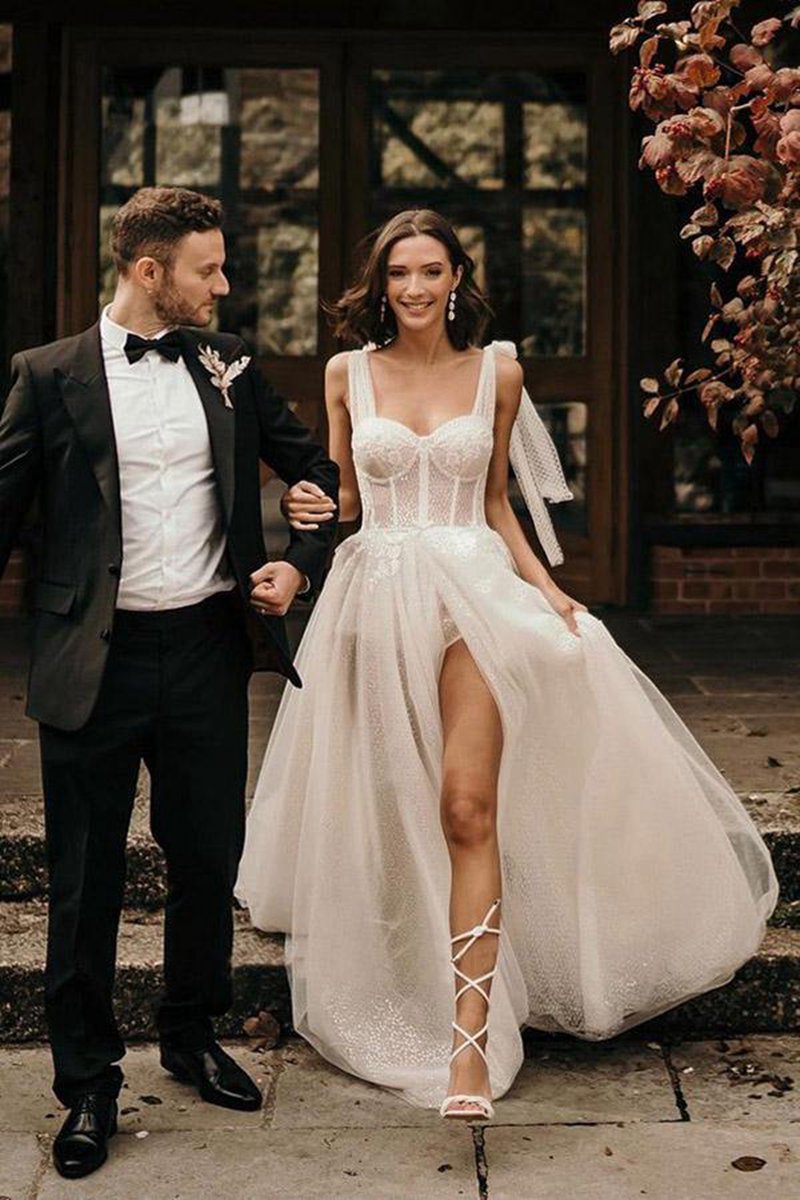 Straps A-line with Sequins Sleeveless Wedding Dresses