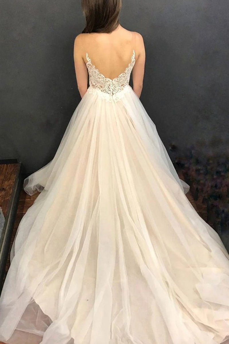 A-line Straps Wedding Dresses Tulle with Applique Sweep Train