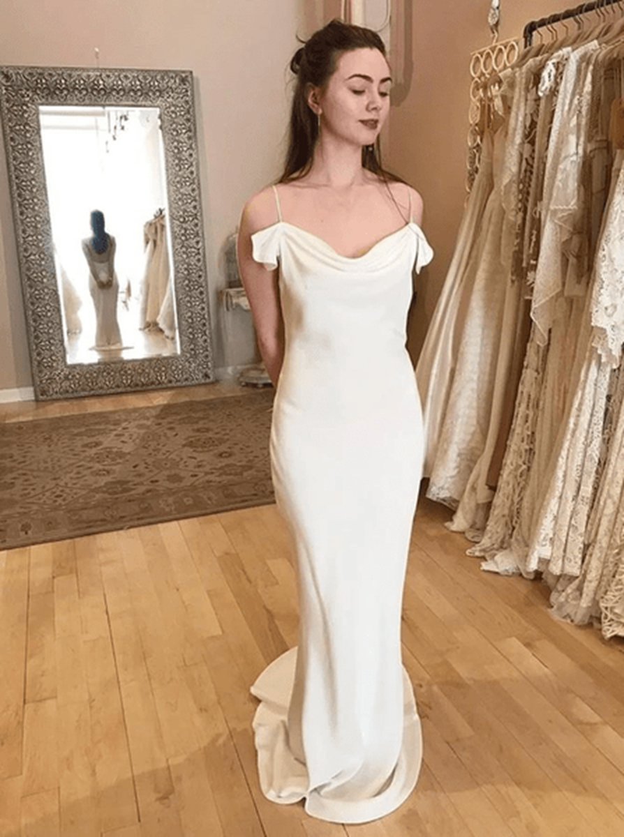 Spaghetti Straps Long Sheath Satin Wedding Dresses