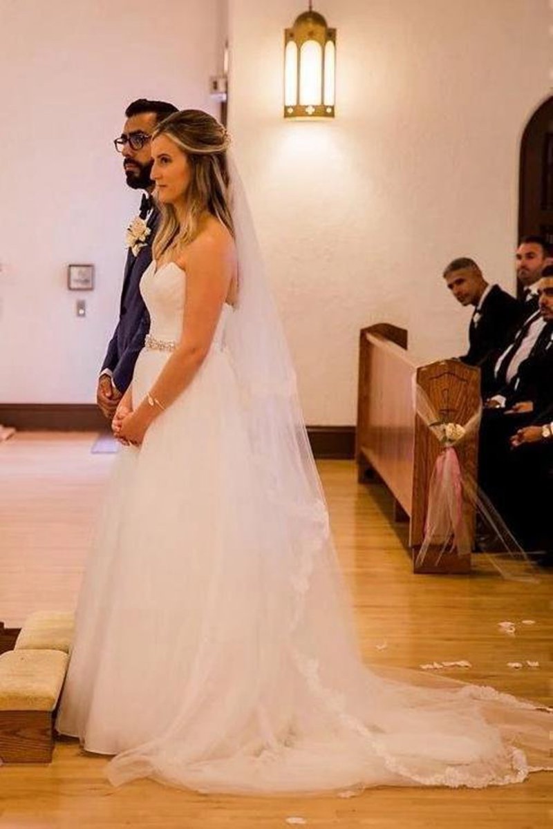 A-line Strapless Sweetheart Wedding Dresses with Rhinestone Sash
