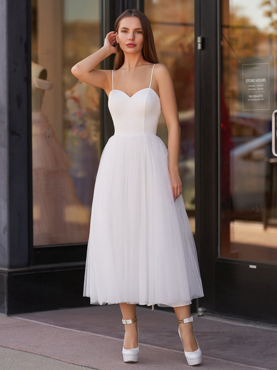 A-line Spaghetti Straps Satin Tulle Tea-Length Wedding Dresses