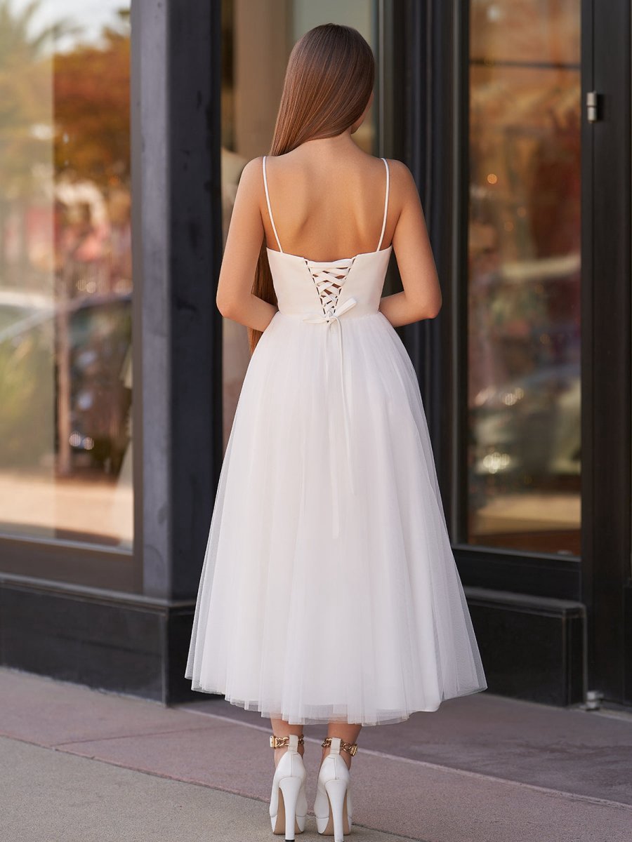 A-line Spaghetti Straps Satin Tulle Tea-Length Wedding Dresses
