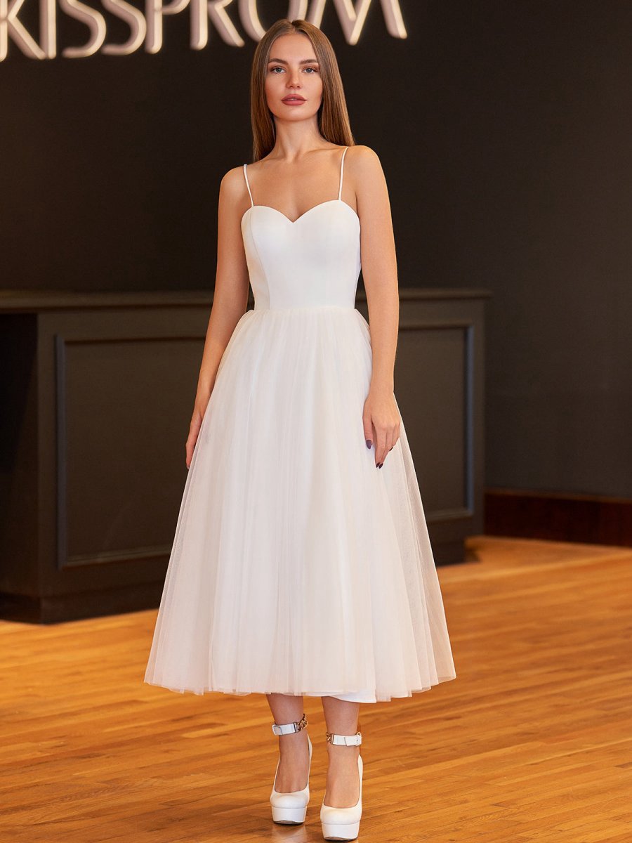 A-line Spaghetti Straps Satin Tulle Tea-Length Wedding Dresses