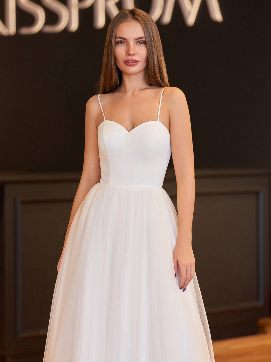 A-line Spaghetti Straps Satin Tulle Tea-Length Wedding Dresses