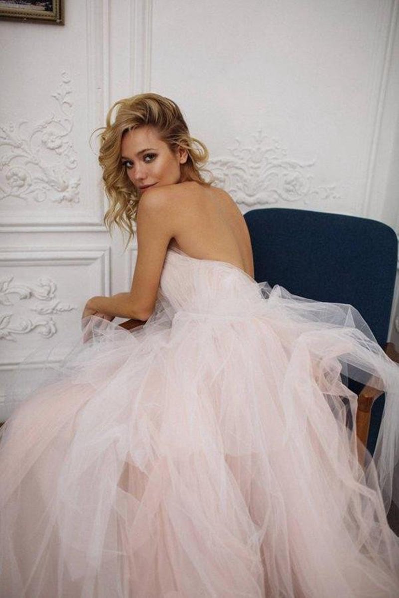 Strapless Sweetheart Backless A-line Strapless Tulle Long Wedding Dresses