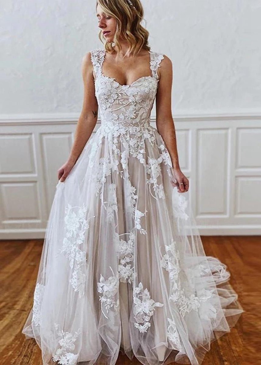 A-line Straps Sweetheart Wedding Dresses with Lace Appliques