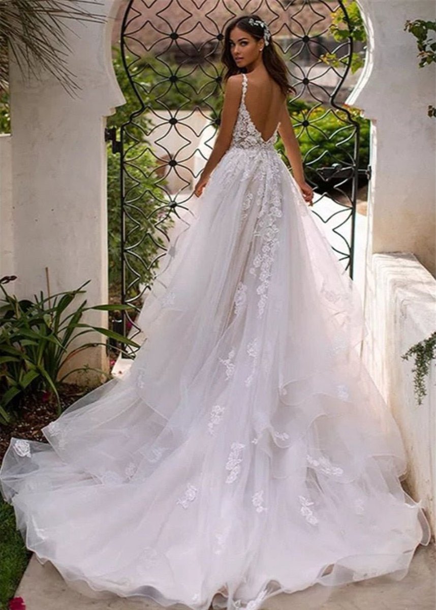 A-line Lace Sweep Train Sleeveless Backless Wedding Dresses