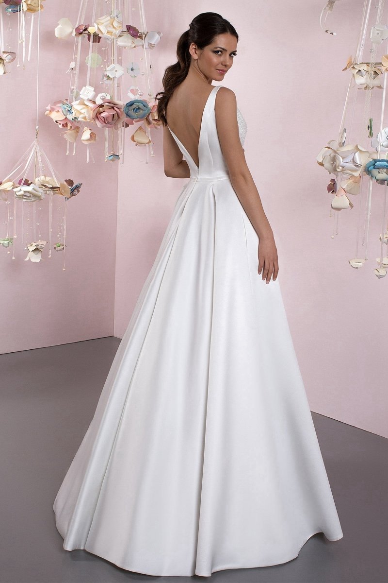 A-line Illusion Neck Sleeveless Floor-Length Satin Wedding Dresses with Pleats