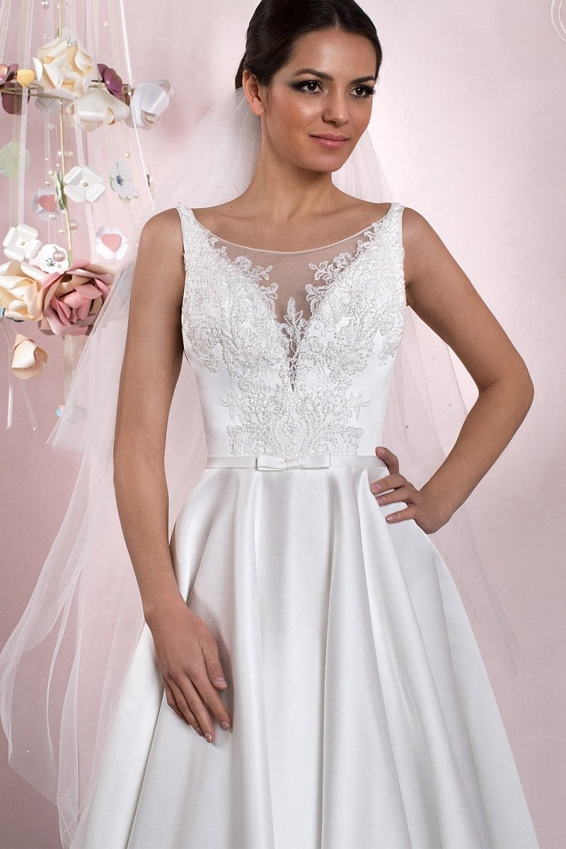 A-line Illusion Neck Sleeveless Floor-Length Satin Wedding Dresses with Pleats