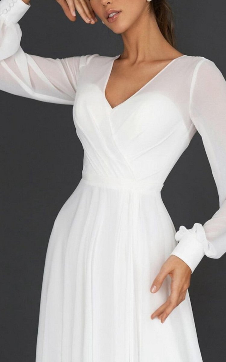 A-line V-neck Chiffon Long Sleeves Zipper Wedding Dresses