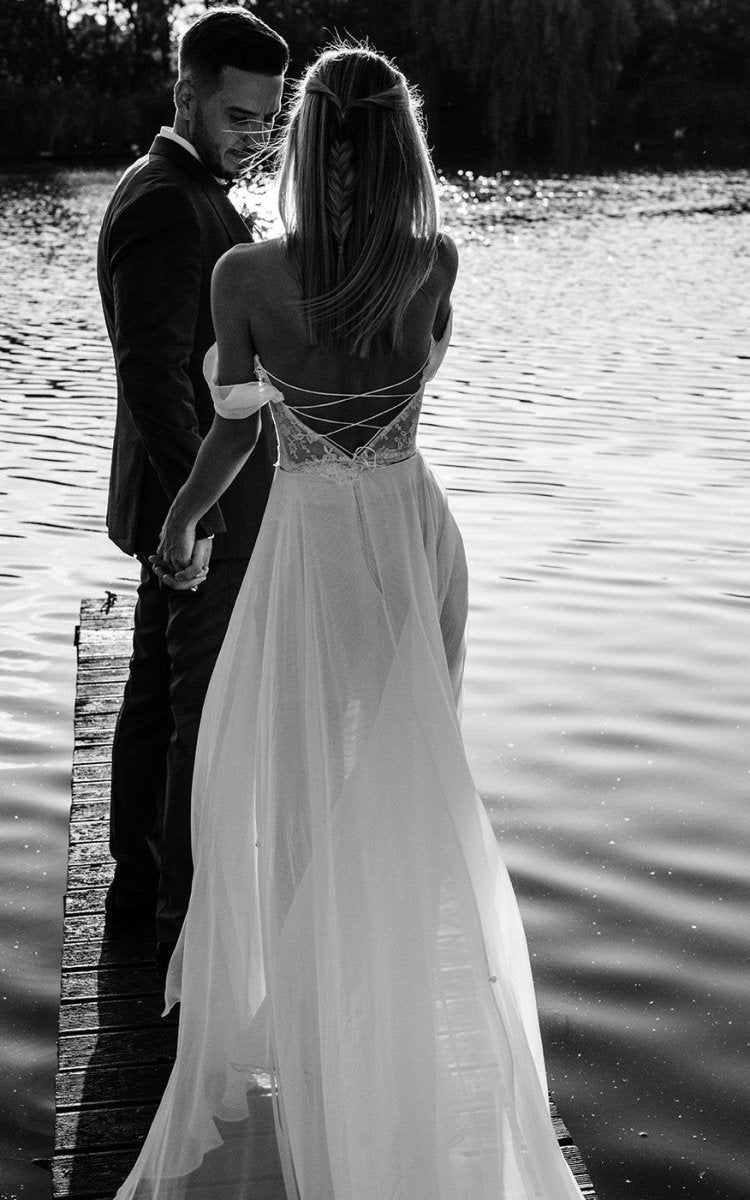A-line Lace Lace-Up Off-the-Shoulder Wedding Dresses with Slit