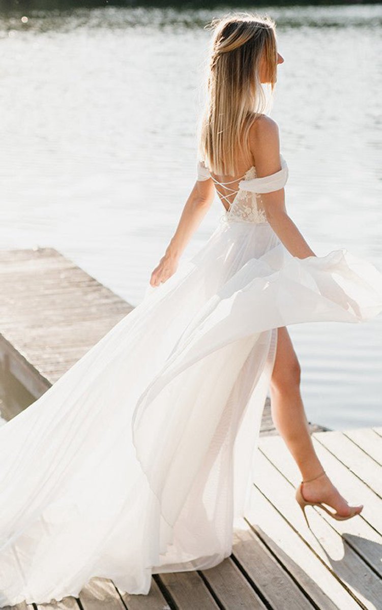 A-line Lace Lace-Up Off-the-Shoulder Wedding Dresses with Slit