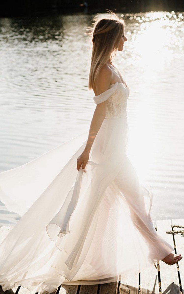 A-line Lace Lace-Up Off-the-Shoulder Wedding Dresses with Slit